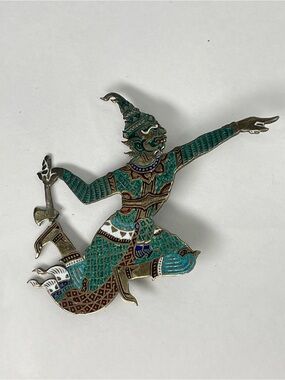 Vintage Niello and Enamel Sterling Silver Brooch Ramasoon God of Thunder